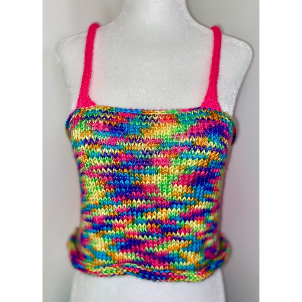 ✨🌈💖💫Handmade Knitted Rainbow & Pink Cropped Tank Top